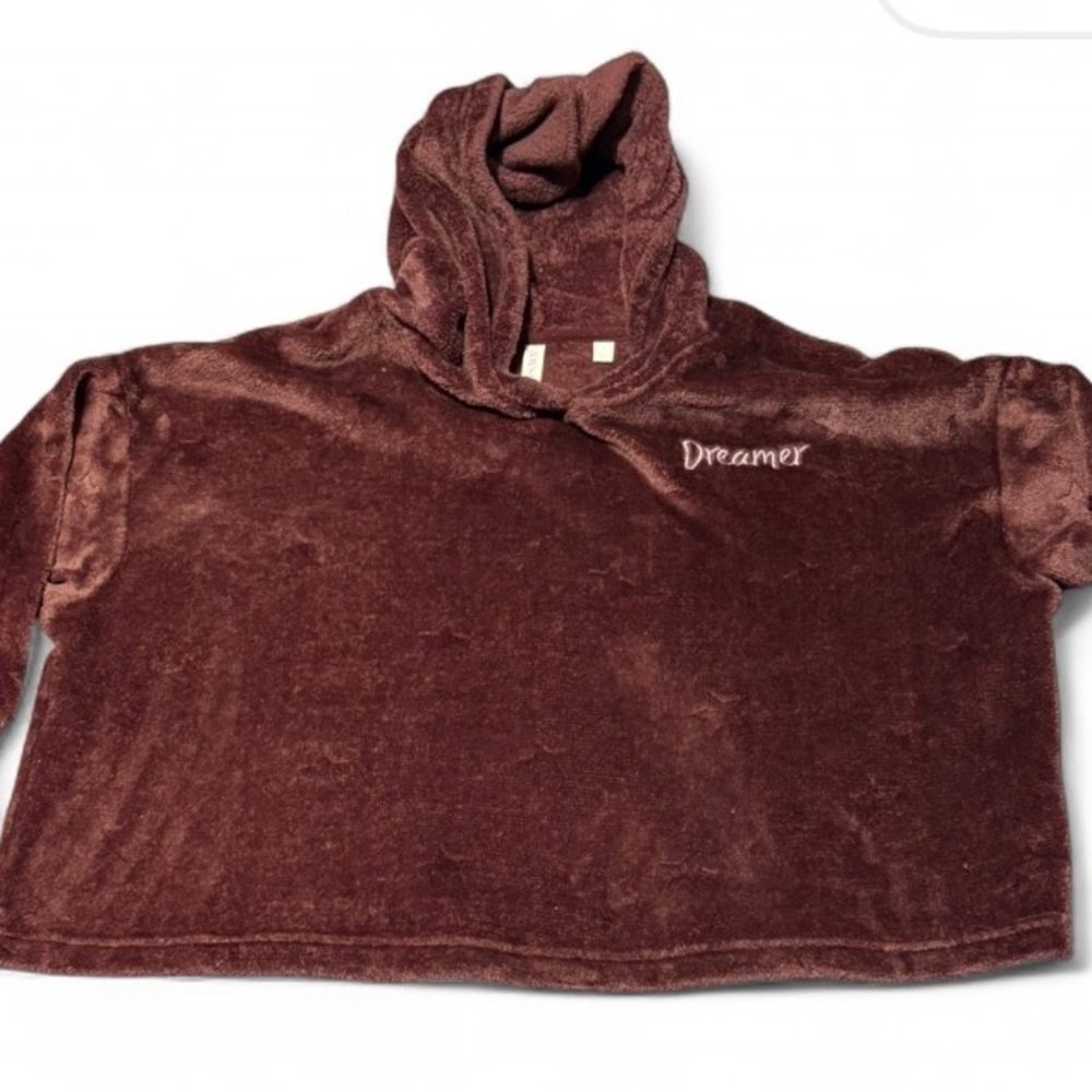 Joyspun Dreamer Plush Hoodie Size M – Burgundy Star Fleece Lounge Pullover